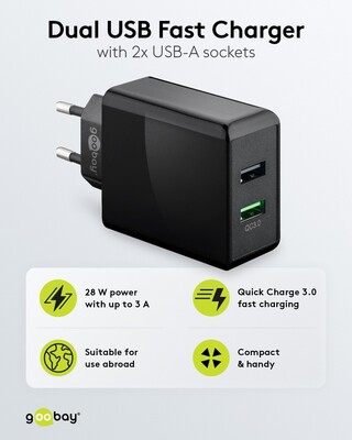 Nabíjačka USB 230V 2port, 2xUSB A, 28W, Quick Charge 3.0, čierna