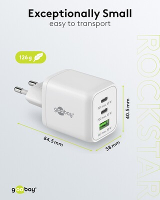 Nabíjačka USB 230V 3port, 1xUSB A, 2xUSB Typ C, 65W, Power Delivery, GaN, biela