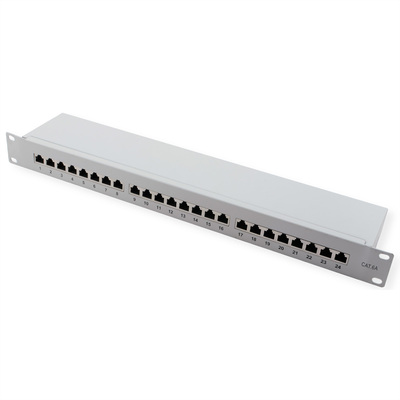 19" Patch panel 24port cat.6a, tienený s uzemnením, celokovový, 1U, sivý