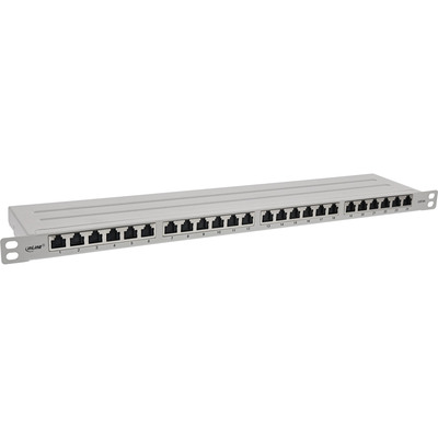 19" Patch panel 24port cat.6a, tienený s uzemnením, celokovový, protiprachové záslepky, 0.5U, sivý
