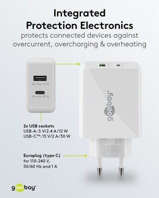 Nabíjačka USB 230V 2port, 1xUSB A, 1xUSB Typ C, 30W, Power Delivery, Quick Charge 3.0, biela §§