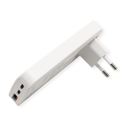 Nabíjačka USB 230V 3port, 1xUSB A, 2xUSB Typ C, 65W, PD, QC 3.0, cestvoná/skladacia, biela