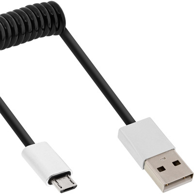 Kábel USB 2.0 A-MICRO-B M/M 3m, High Speed, špirála, kovové krytky, čierny