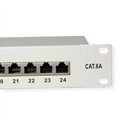 19" Patch panel 24port cat.6a, tienený s uzemnením, celokovový, 1U, sivý