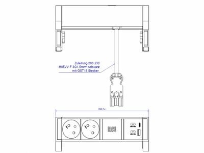 DESK2 2xUTE 230V, nabíjačka (USB A + USB C), 0.2m kábel 1.5mm², GST18, biely/čierny