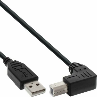 Kábel USB 2.0 A-B M/M 2m, High Speed, čierny, zahnutý 90° dole