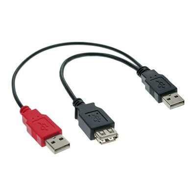 Kábel USB 2.0 2xA-A M/F 0.2m, High Speed, čierny, predlžovací, Y-kábel, Extra napájanie