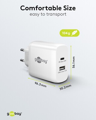 Nabíjačka USB 230V 2port, 1xUSB A 2.0, 1xUSB C (Power Delivery), 65W, GaN, biela