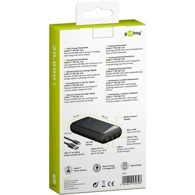 PowerBank Slimline 20000mAh, QC 3.0, kábel USB Typ C 0.3m, čierna