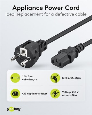 Kábel sieťový 230V, vidlica (CEE7/7) priama - C13, 2m, 0.75mm², 10A, čierny