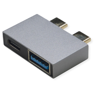 Adaptér USB 3.2 Gen 2, Typ C, dvojitý, 2x CM/CF+AF, priamy°, 10Gbps,PD 60W, 5V3A, sivý/čierny