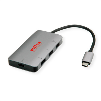 Hub USB 3.2 Gen.1 Typ C, 4 Port, 3x USB A, 1x USB Typ C (Power Delivery), 12cm, sivá a čierna