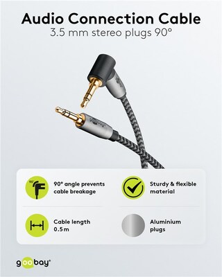 Kábel 3,5mm stereo jack M/M 3m, čierny/sivý, pozl. konektor, 1x uhlový 90°