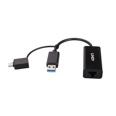 Adaptér USB 3.0 na RJ45 (Gigabit Ethernet), 10cm, čierny, s adaptérom na USB Typ C