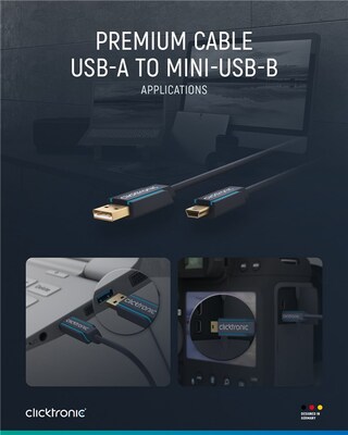 Kábel USB 2.0 A-MINI-B 5pin M/M 1.8m, High Speed, modrý, ClickTronic, pozl. konektor