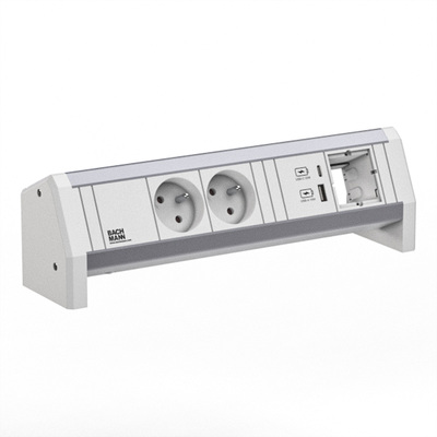 DESK 2xUTE 230V, 1xCustom, nabíjačka (USB A + USB C), GST18 IN/OUT, hliník/biely