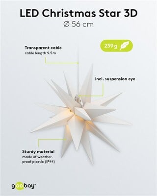 Led svetelná hviezda, 230V, 56cm, IP44, biela