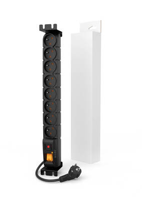 19" zásuv. lišta 8xUTE, vidlica (CEE7/7), 10A, 2300W, prepäťová ochrana, vypínač, 1.5m, čierna