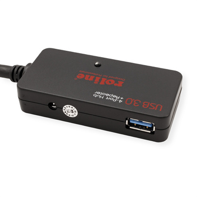 Kábel USB 3.2 Gen 1, A-A M/F 10m, 5Gbps, čierny, predlžovací, AKTÍVNY 4port HUB s ext. Adaptérom