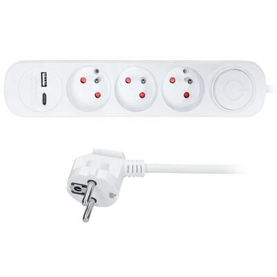 Predlžovačka 2m s 3 zásuvkami, s vypínačom, 1.00mm², USB nabíjačka A+C 12W, biela