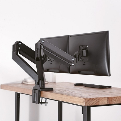 Držiak pre 2x monitor na stôl, úchyt o dosku, pneumatický, max 15kg, rameno 526mm, VESA75/100, čiern