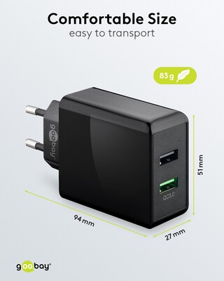 Nabíjačka USB 230V 2port, 2xUSB A, 28W, Quick Charge 3.0, čierna