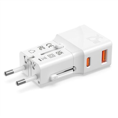 Nabíjačka USB 230V 2port, EU/UK/US, 1xUSB A, 1xUSB Typ C, 25W, PD, QC 3.0, cestovná/skladacia, biela
