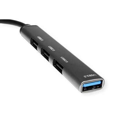 Hub USB 3.2 Gen.1, 4 Port, 3x USB 2.0 A, 1x USB 3.2 A, 12cm, sivá a čierna