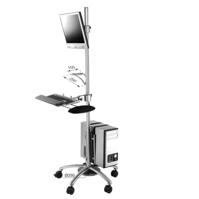 Držiak na kolieskach pre monitor, PC a klávesnicu, max 30kg, výška 180cm, VESA 75/100, sivý