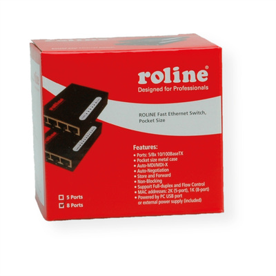 Switch 10/100, 8port, kovový, MINI, 94x62x20mm, možnosť napájania z USB, ROLINE