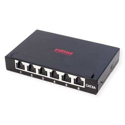 Patch panel 8port cat.6a, tienený s uzemnením, celokovový, montáž na stenu, 0.5U, čierny