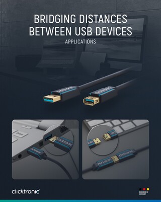 Kábel USB 3.2 Gen 1, A-A M/F 1.8m, 5Gbps, predlžovací, modrý, ClickTronic, pozl. konektor