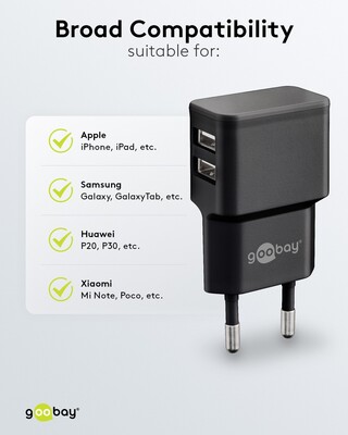 Nabíjačka USB 230V 2port, 2xUSB A, 2.4A, 12W, kábel USB AM/lightning 1m v balení, čierna