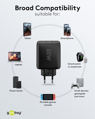 Nabíjačka USB 230V 2port, 1xUSB A 2.0, 1xUSB C (Power Delivery), 65W, GaN, čierna