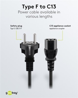 Kábel sieťový 230V, vidlica (CEE7/7) priama - C13, 2m, 0.75mm², 10A, čierny