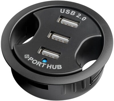 Hub USB 2.0, 3 Port, 3x USB A, do stola, Ø 60mm, 1.5m, čierny