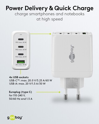 Nabíjačka USB 230V 4port, 1xUSB A, 3xUSB Typ C, 68W, Power Delivery, GaN, čierna