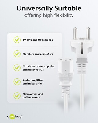 Kábel sieťový 230V, vidlica (CEE7/7) priama - C13, 5m, 1.00mm², 10A, biely