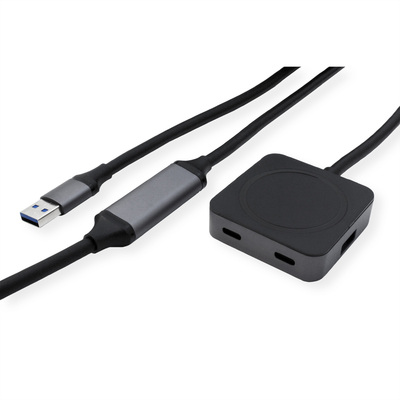 Kábel USB 3.2 Gen 1, A-A M/F 10m, 5Gbps, predlžovací, čierny, aktívny 4port HUB(2x USB A + 2x Typ C)