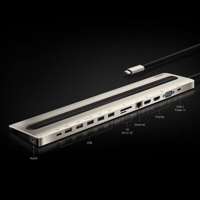 Dokovacia Stanica USB Typ C, 2xHDMI/VGA, 5xUSB-A, LAN, čítačka, audio, PD 100W, 4K@30Hz, 0.3m