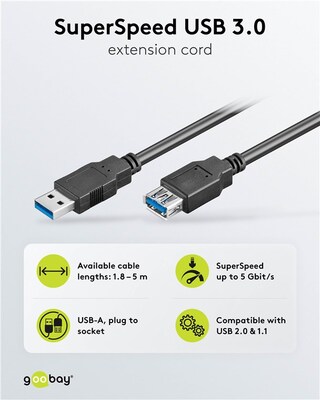 Kábel USB 3.2 Gen 1, A-A M/F 1.8m, 5Gbps, predlžovací, čierny