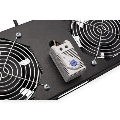 19" Ventilačná jednotka, 2 vetráky, s termostatom, pre nástennú skrinku, čierna