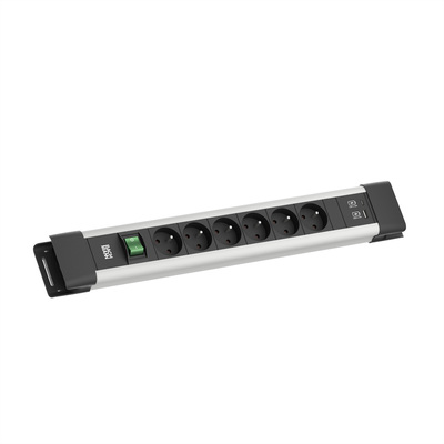 Predlžovačka CONNECTUS, 6xUTE 230V + USB nabíjačka (A+C), s vypínačom, 2m, 1.5mm², hliník, čierna