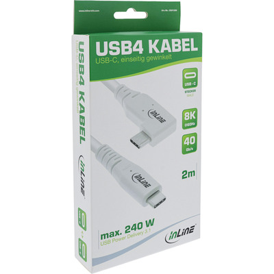 Kábel USB 4 Gen 3x2, Typ C CM/CM 2m, 40Gbps, PD 240w 48V5A, biely, TPE, zahnutý 90°