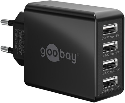 Nabíjačka USB 230V 4port, 4xUSB A, 3A, 30W, čierna