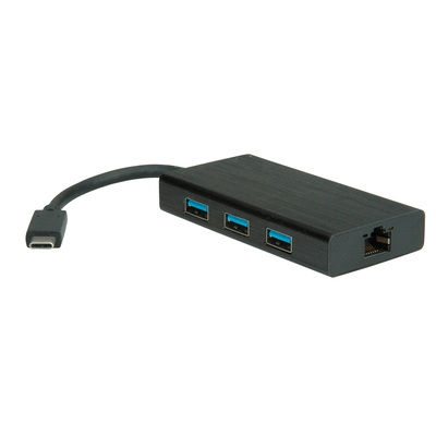 Adaptér USB 3.1 Typ C na RJ45 (Gigabit Ethernet), Hub 3x USB 3.0 A, 10cm, čierny