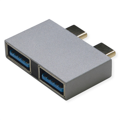 Adaptér USB 3.2 Gen 2, Typ C, dvojitý, 2x CM/AF, priamy°, 10Gbps,PD 60W, 5V3A, sivý/čierny