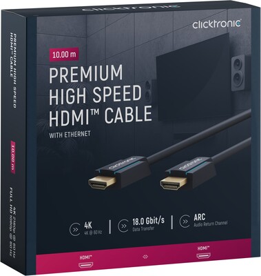 Kábel HDMI M/M 10m, High Speed+Eth, 4K@60Hz, HDMI 2.0, 18G, pozl. konektor, modrý, C