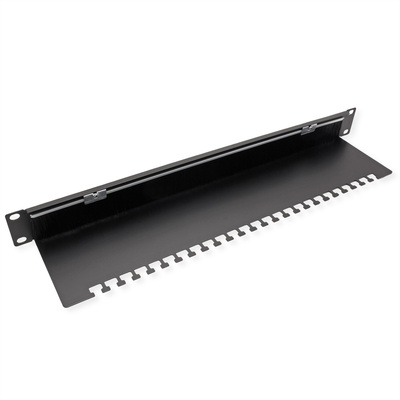 19" Panel vyväzovací, organizér, prechodka s kefkami a podperou, 1U, kovový, čierny