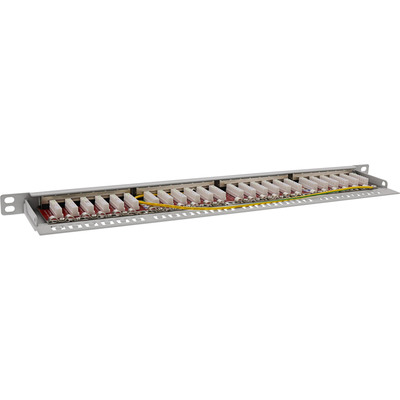 19" Patch panel 24port cat.6a, tienený s uzemnením, celokovový, protiprachové záslepky, 0.5U, sivý